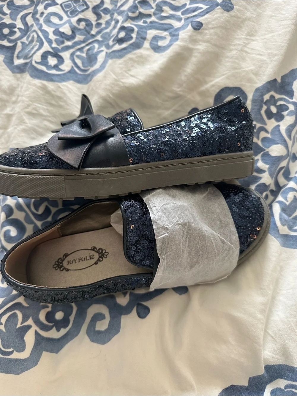 Joyfolie Navy Sequin Bow Slip-On Loafers